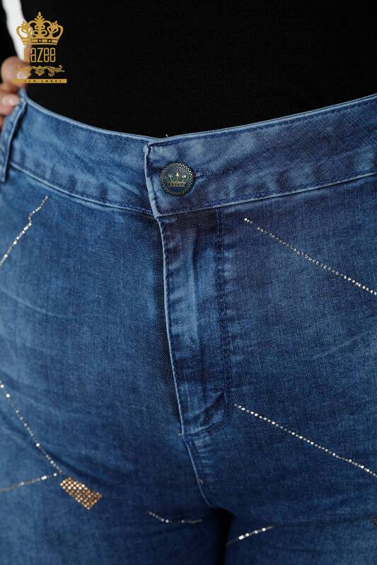 Pantaloni de blugi de damă cu ridicata albastru cu broderie cu pietre de cristal - 3587 | KAZEE