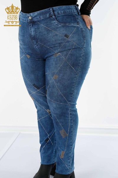 Pantaloni de blugi de damă cu ridicata albastru cu broderie cu pietre de cristal - 3587 | KAZEE - Thumbnail