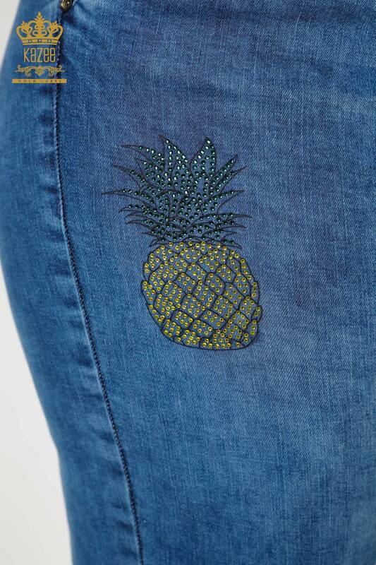 Pantaloni de blugi de damă cu ridicata albastru cu model ananas - 3692 | KAZEE