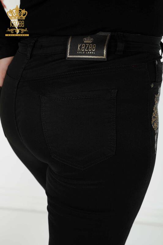 Blugi de damă cu ridicata Pantaloni cu model de leopard brodat negru - 3600 | KAZEE