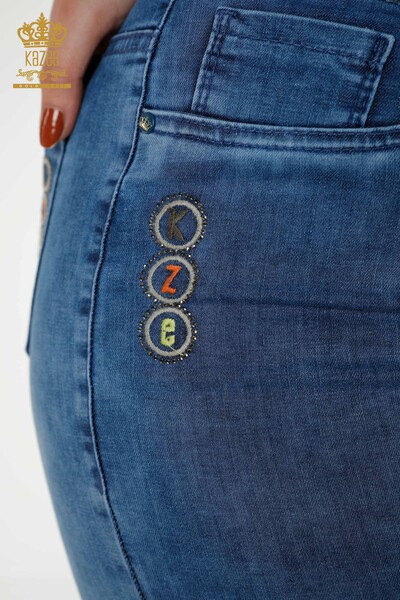 Pantaloni de blugi de damă cu ridicata albastru cu detaliu curea - 3682 | KAZEE - Thumbnail