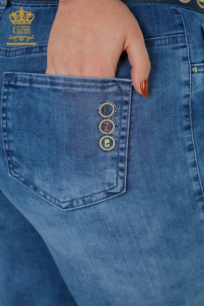 Pantaloni de blugi de damă cu ridicata albastru cu detaliu curea - 3682 | KAZEE - Thumbnail