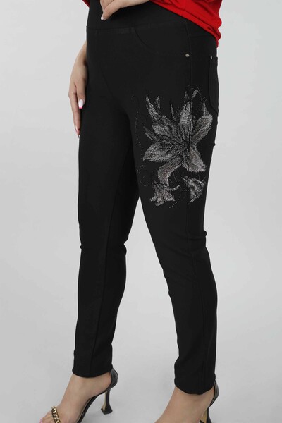 Pantaloni de damă cu ridicata cu model de flori, brodate cu piatră - 3347 | KAZEE - Thumbnail