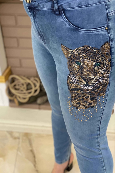 Pantaloni de damă cu ridicata cu detaliu tigru brodat cu piatră - 3322 | KAZEE - Thumbnail