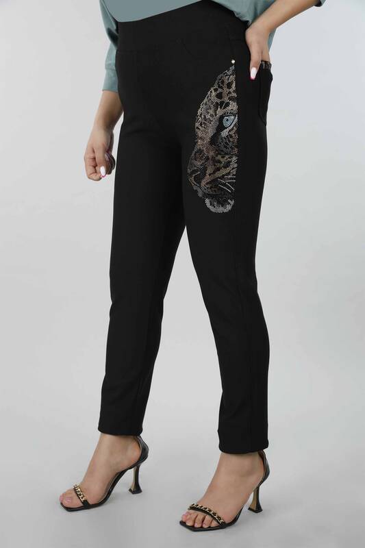Pantaloni de damă cu ridicata cu model leopard brodat cu piatră - 3470 | KAZEE