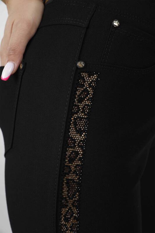 Pantaloni de damă cu ridicata cu broderie din piatră de cristal cu model leopard - 3385 | Kazee