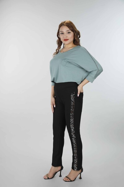 Pantaloni de damă cu ridicata cu model leopard și piatră de cristal - 3391 | KAZEE - Thumbnail