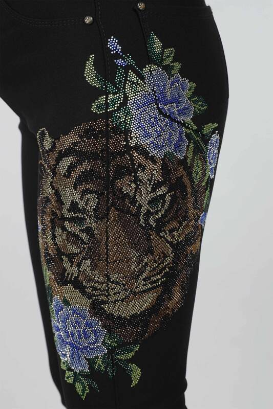 Pantaloni de damă cu ridicata cu model tigru brodat cu piatră - 3389 | KAZEE