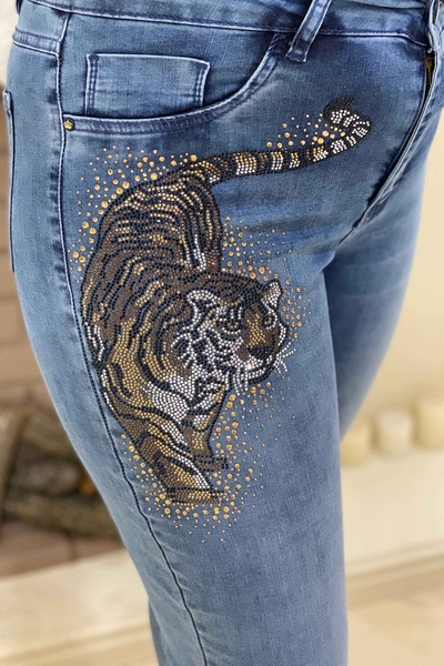 Pantaloni de damă cu ridicata Broderie cu piatră cu model tigru - 3260 | kazee - Thumbnail