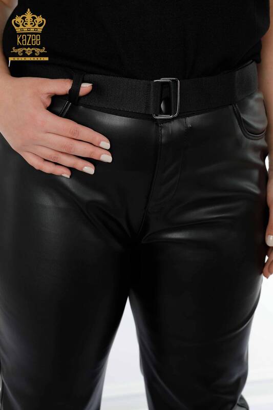 Pantaloni de piele de damă cu ridicata negru cu centură - 3668 | KAZEE