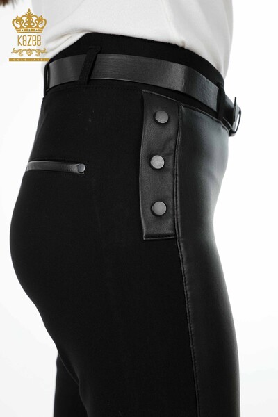 Pantaloni de piele de damă cu ridicata de viscoză cu curea cu nasturi - 3623 | KAZEE - Thumbnail
