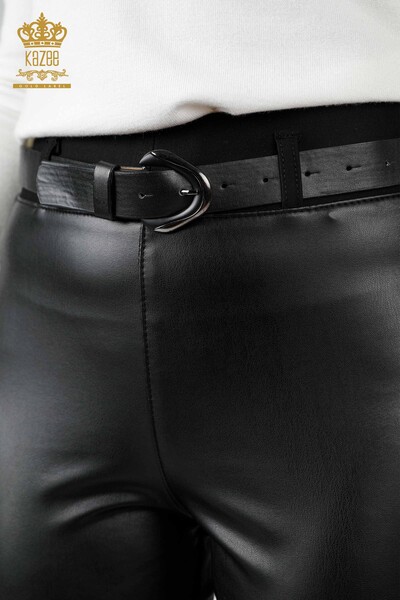 Pantaloni de piele de damă cu ridicata de viscoză cu curea cu nasturi - 3623 | KAZEE - Thumbnail