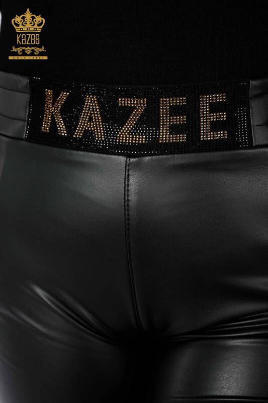 Pantaloni de piele de damă cu ridicata negru cu detaliu Kazee - 3669 | KAZEE