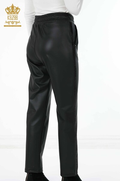 Pantaloni de piele de damă cu ridicata cu șnur brodat cu piatră de cristal în dungi - 3645 | KAZEE - Thumbnail
