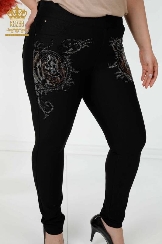 Pantaloni de damă cu ridicata, cu piatră de leopard brodat negru - 3638 | KAZEE