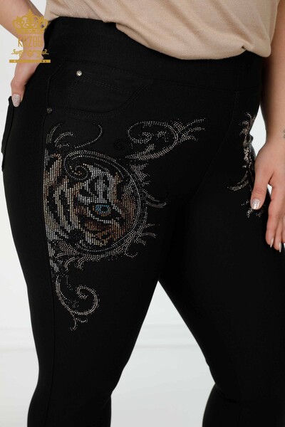 Pantaloni de damă cu ridicata, cu piatră de leopard brodat negru - 3638 | KAZEE - Thumbnail