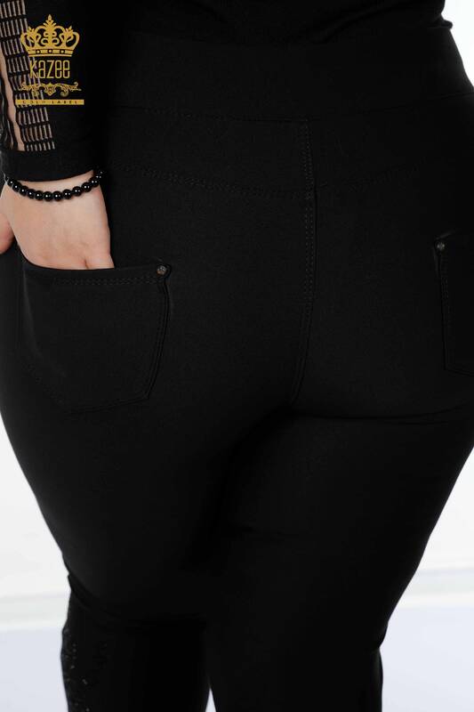 Pantaloni de damă cu ridicata cu detaliu din tul negru - 3578 | KAZEE
