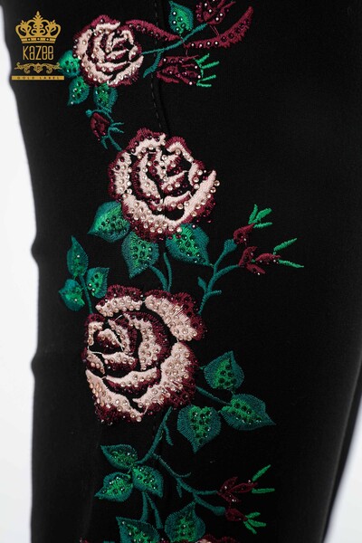 Pantaloni cu jambiere de damă cu ridicata cu broderie cu flori colorate și broderie cu piatră - 3591 | KAZEE - Thumbnail