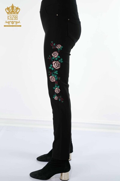 Pantaloni cu jambiere de damă cu ridicata cu broderie cu flori colorate și broderie cu piatră - 3591 | KAZEE - Thumbnail