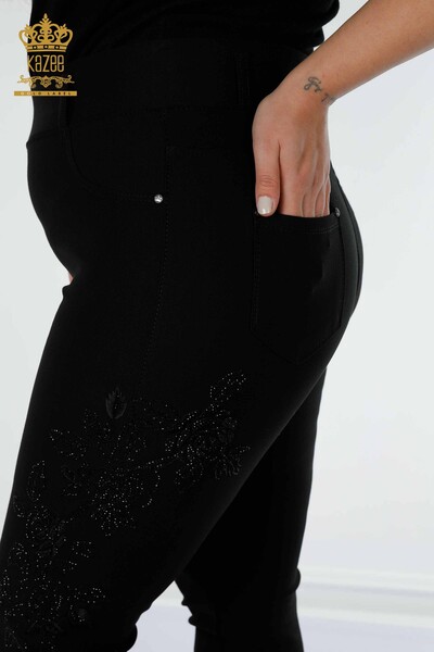 Pantaloni de damă cu ridicata cu jambiere cu model floral negru - 3620 | KAZEE - Thumbnail