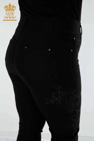 Pantaloni de damă cu ridicata cu jambiere cu model floral negru - 3620 | KAZEE - Thumbnail