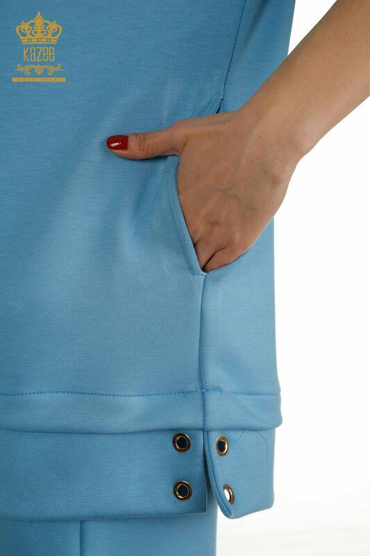 Set de trening pentru femei cu pantaloni scurți - Cu glugă - Albastru - 17695 | KAZEE