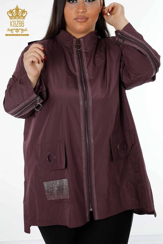 En-gros Manta de ploaie pentru femei, cu glugă, cu dungi, cu buzunar brodat cu fermoar - 7573 | KAZEE