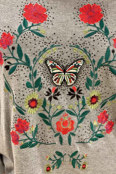 Pulover de damă cu ridicata cu model de flori și broderie cu piatră - 16134 | KAZEE - Thumbnail