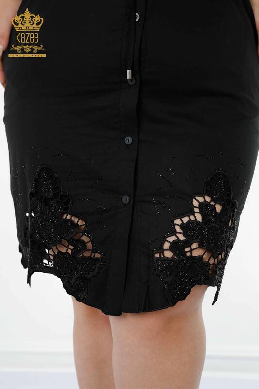 En-gros rochie cămașă pentru femei - cu glugă - model floral - negru - 20217 | KAZEE
