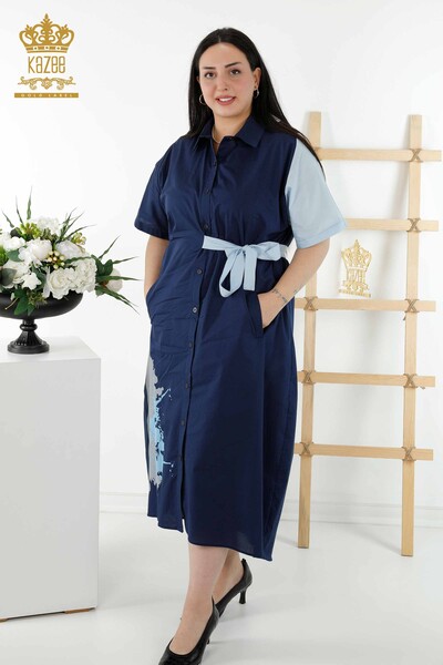 En-gros rochie cămașă damă două culori bleumarin - 20378 | KAZEE - Thumbnail