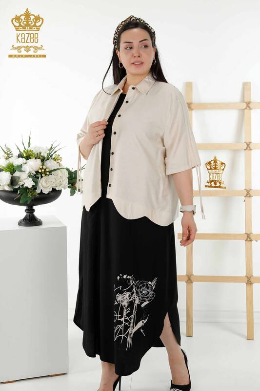Rochie cămașă damă cu ridicata cu model de flori Bej Negru - 20367 | KAZEE