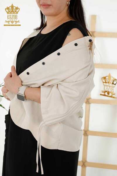 Rochie cămașă damă cu ridicata cu model de flori Bej Negru - 20367 | KAZEE - Thumbnail