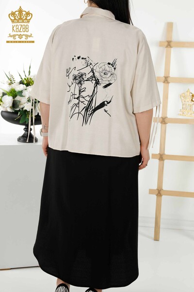 Rochie cămașă damă cu ridicata cu model de flori Bej Negru - 20367 | KAZEE - Thumbnail