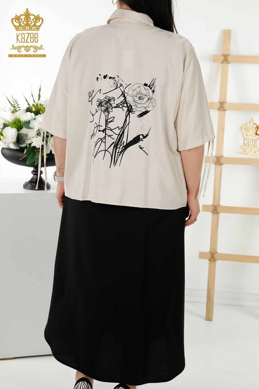 Rochie cămașă damă cu ridicata cu model de flori Bej Negru - 20367 | KAZEE