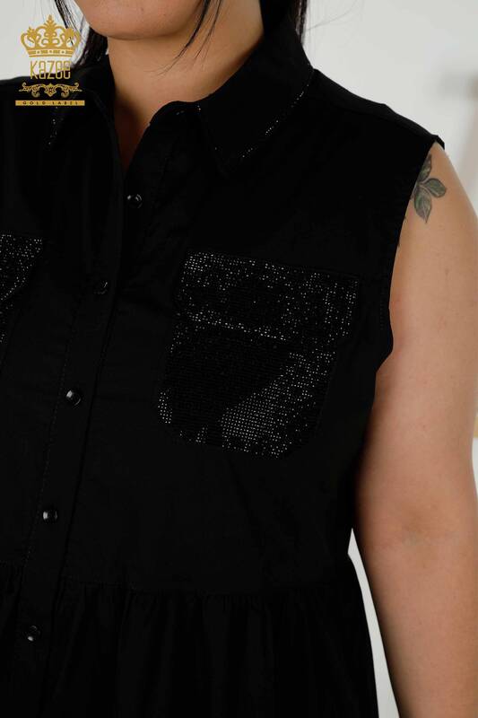 En-gros rochie cămașă de damă neagră cu broderie cu piatră - 20266 | KAZEE