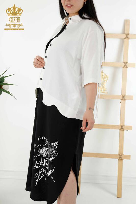 Rochie cămașă damă cu ridicata cu modele florale alb negru - 20367 | KAZEE