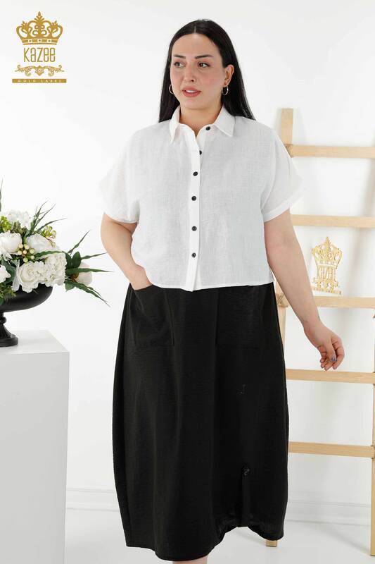 En-gros rochie cămașă damă cu mânecă scurtă cu model alb - 20377 | KAZEE