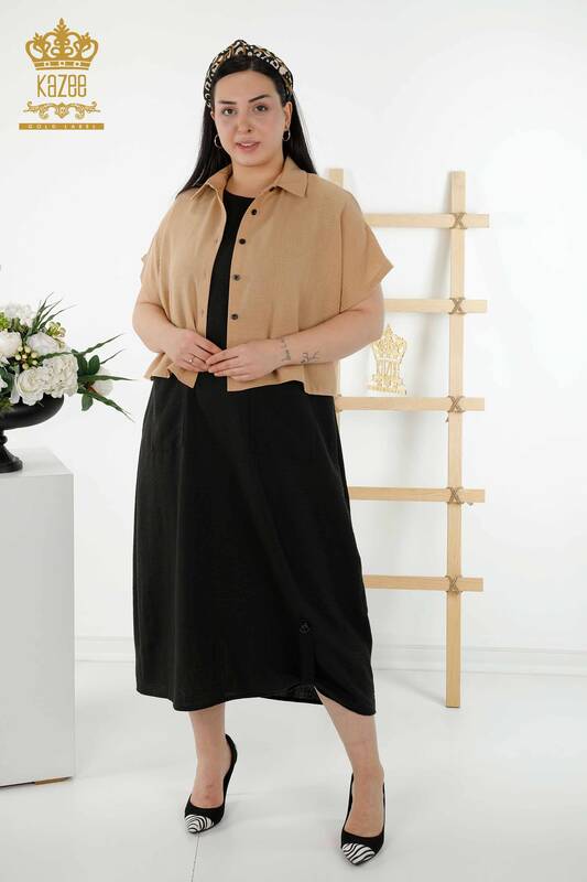 En-gros rochie cămașă damă cu mânecă scurtă cu model bej - 20377 | KAZEE