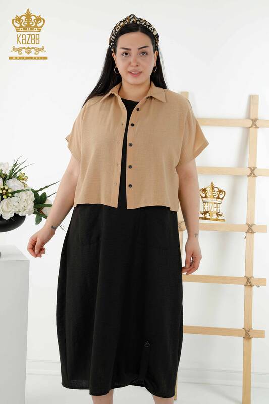 En-gros rochie cămașă damă cu mânecă scurtă cu model bej - 20377 | KAZEE