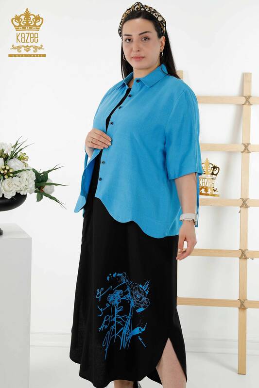 Rochie cămașă damă cu ridicata cu model de flori Saks negru - 20367 | KAZEE