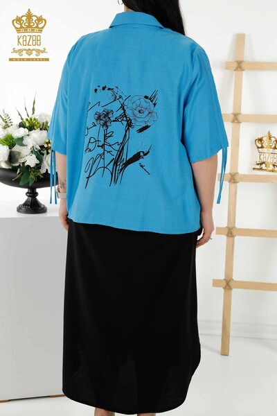 Rochie cămașă damă cu ridicata cu model de flori Saks negru - 20367 | KAZEE - Thumbnail