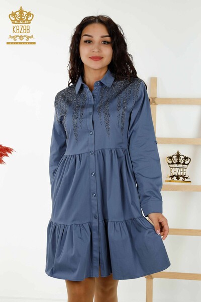 Rochie de damă cu ridicata cu nasturi cu piatră brodat Indigo - 20229 | KAZEE - 2