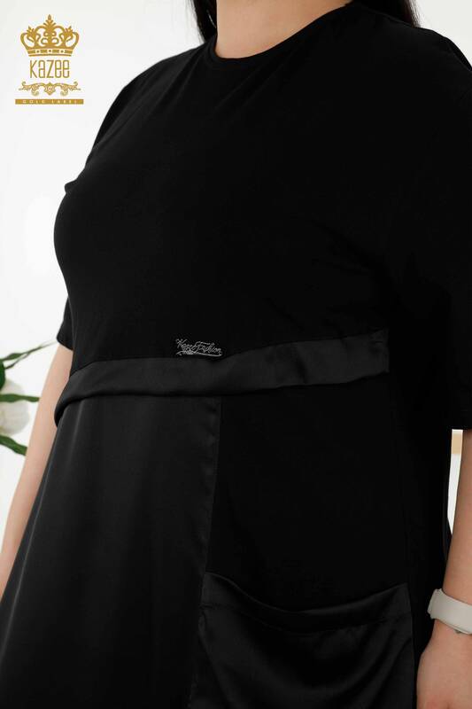Rochie de damă cu ridicata din piele cu buzunar negru - 20323 | KAZEE