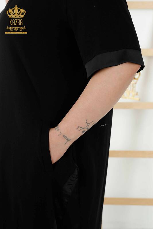 Rochie de damă cu ridicata din piele buzunar detaliat negru - 20366 | KAZEE