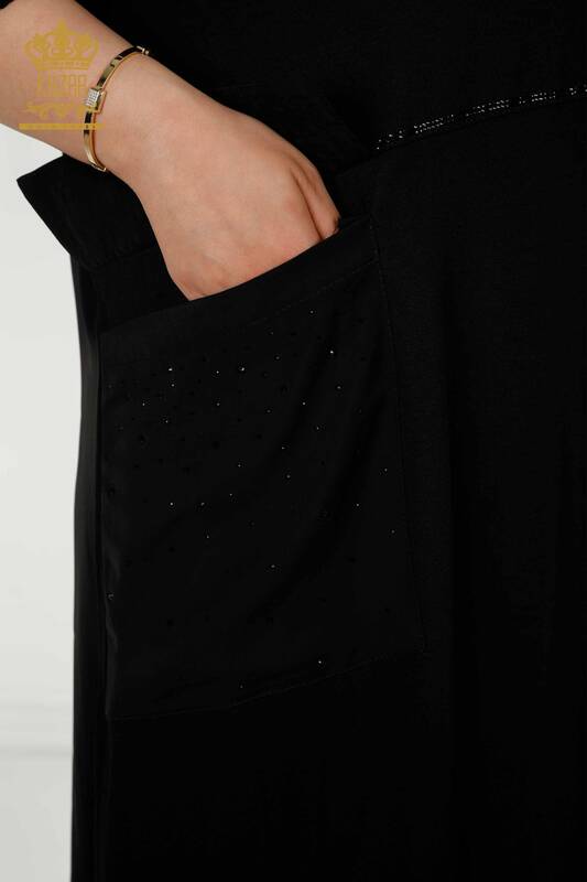 Rochie en-gros de damă neagră cu broderie cu pietre de cristal - 20410 | KAZEE