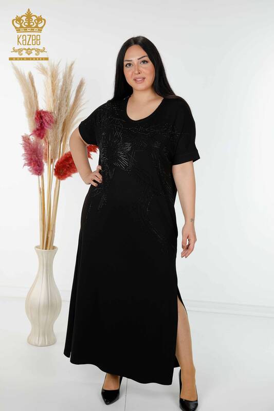 Rochie en-gros de dama neagra cu model floral - 7733 | KAZEE