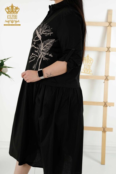 Rochie de damă cu ridicata cu model cu nasturi detaliate negru - 20324 | KAZEE - Thumbnail