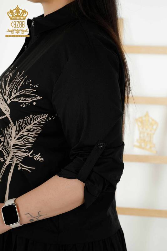 Rochie de damă cu ridicata cu model cu nasturi detaliate negru - 20324 | KAZEE