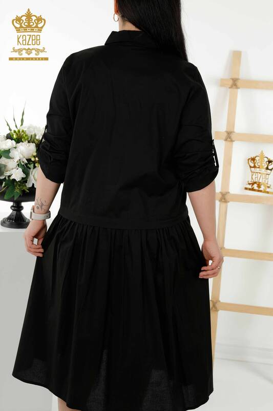 Rochie de damă cu ridicata cu model cu nasturi detaliate negru - 20324 | KAZEE
