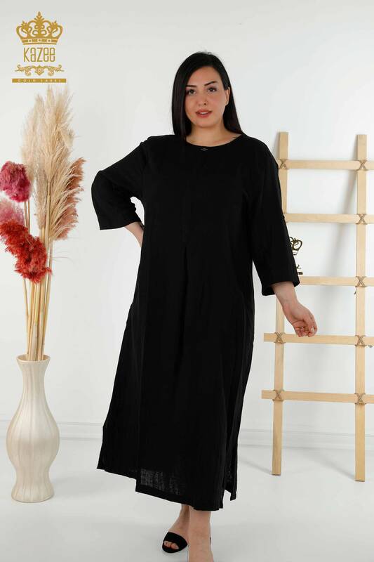 Rochie cu ridicata pentru femei cu doua buzunare neagra - 20400 | KAZEE
